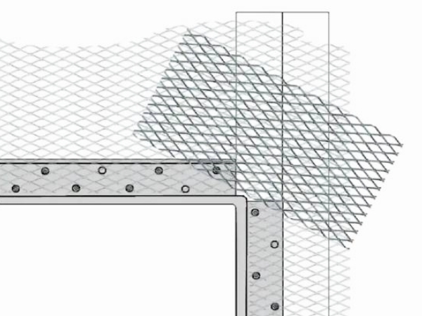 钢板网条形板条安装在门窗的拐角处示意图。